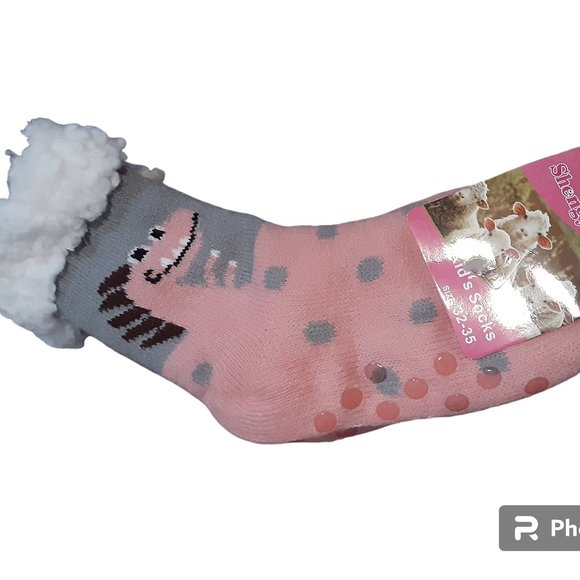 Dinosaur Child's Pink/Gray Fluffy Slipper Socks - Picture 1 of 11